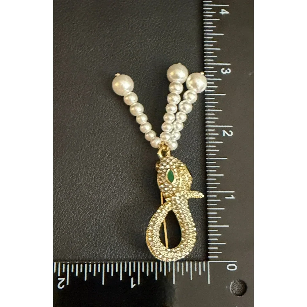 Snake Brooch Rhinestone Green Faux Pearl Gold Tone